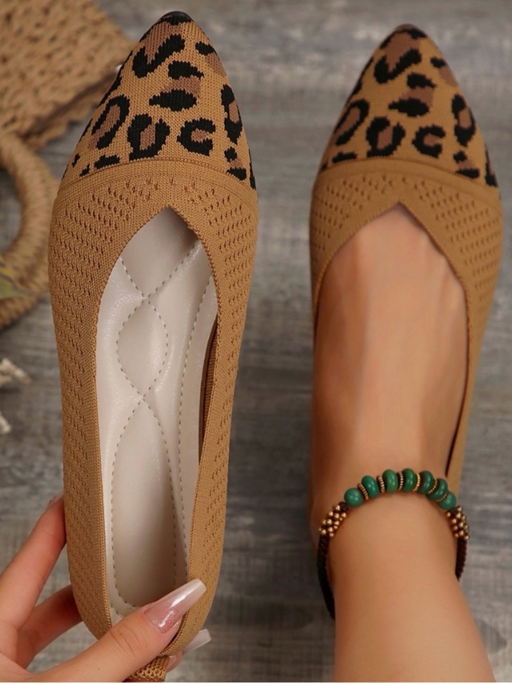 Leopard Print Tan Women's Point Toe Mesh Flat Slip-Ons